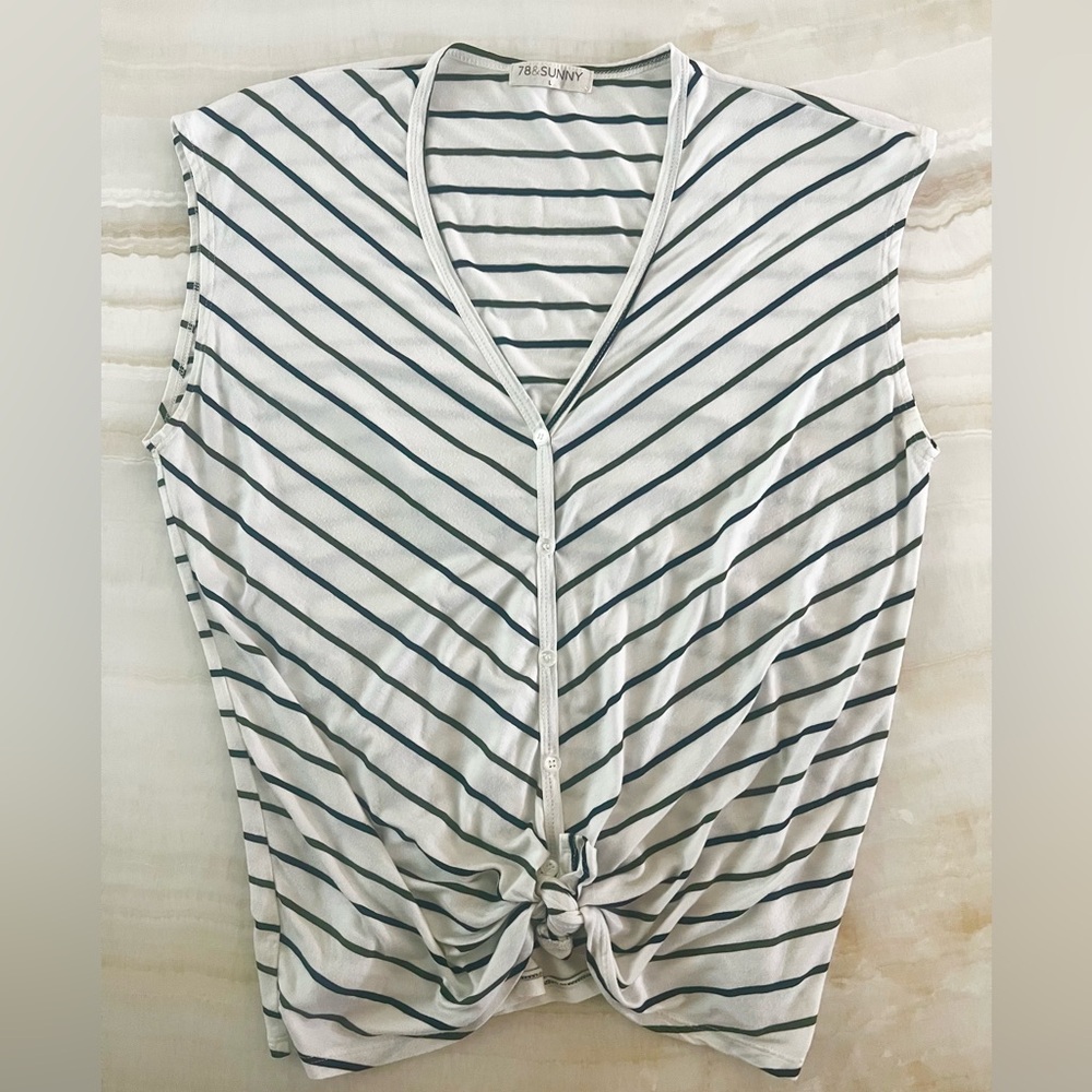78 & Sunny Striped Tie Front Sleeveless Top White Blue Green Large